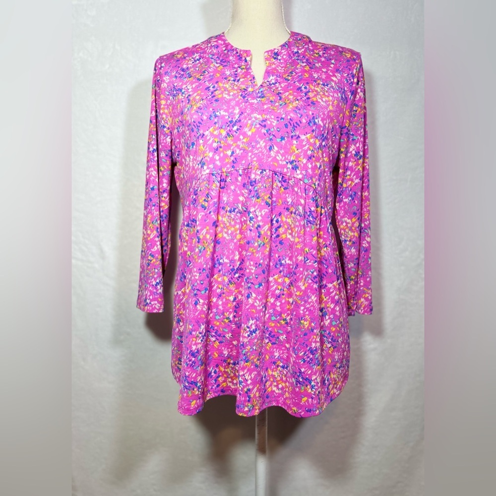 Dear Scarlett Pink Floral Tunic Blouse M Split Neck Babydoll Boho Top - Picture 8 of 8
